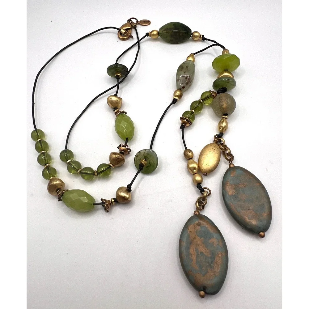 Chico's Green Stone Drop Necklace Boho Artisan 28